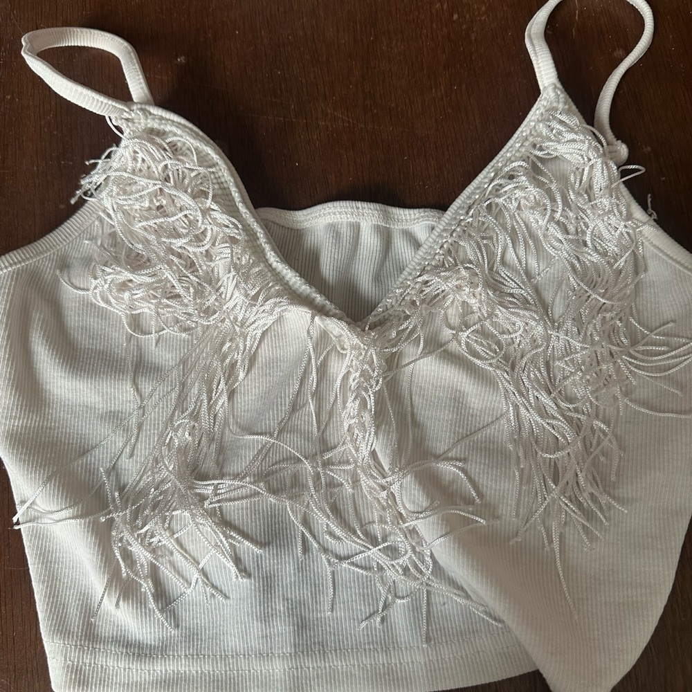 White Feathered Crop Top by Shein